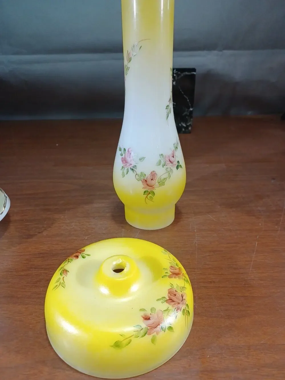 Vintage Milk Glass Hand Painted Yellow Floral Hurricane Lamp Shade With Base